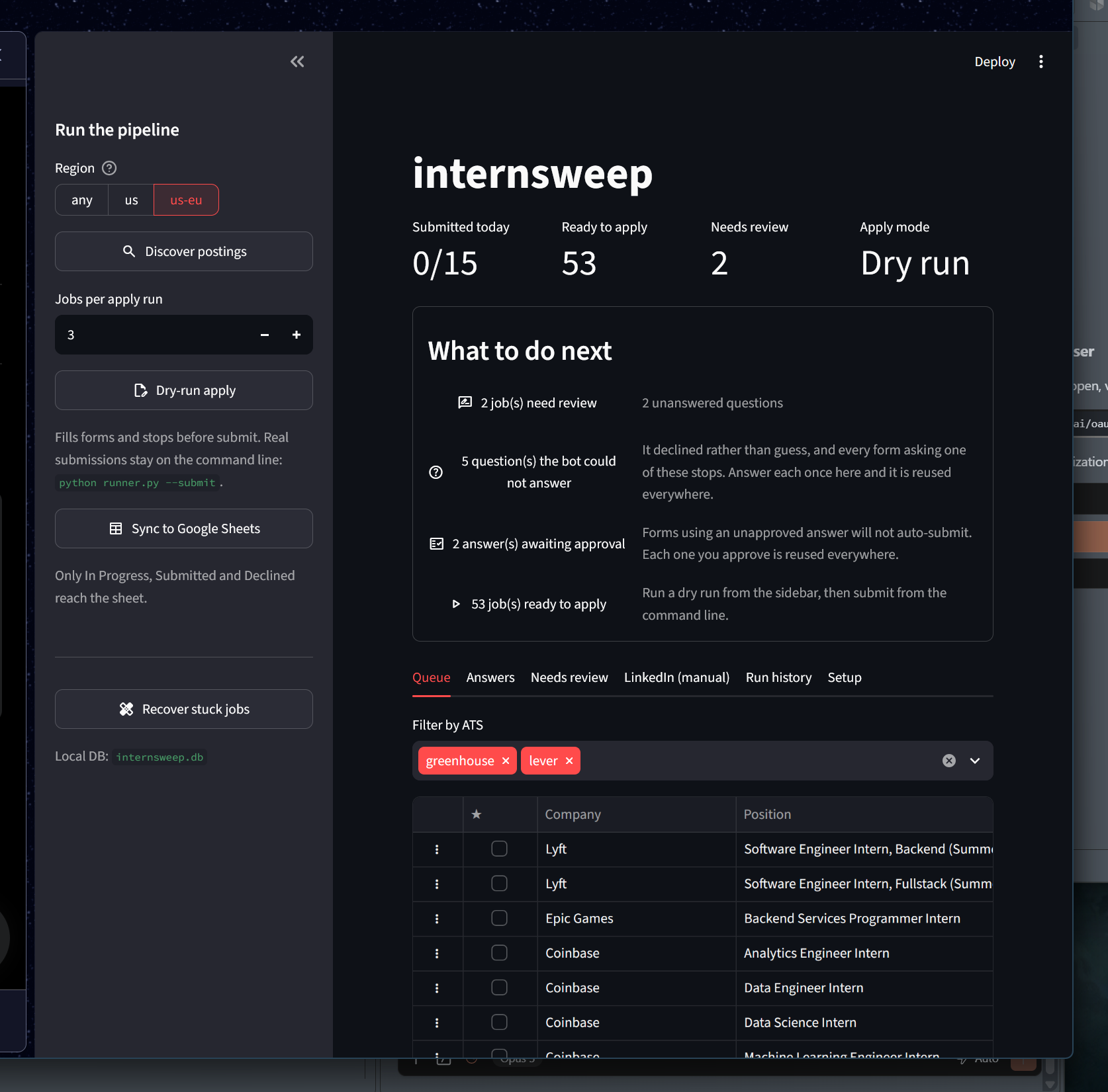 internsweep dashboard